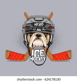 Poster with image Bulldog in a Ice Hockey helmet and with sticks. Vector illustration.