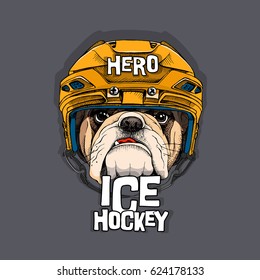 Poster with image Bulldog in a yellow Ice Hockey helmet. Vector illustration.