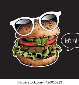 Poster with image of a Burger in a glasses. Vector illustration.