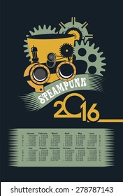 poster with the image of a calendar for 2016 in the style of steam punk