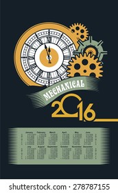 poster with the image of a calendar for 2016 in the style of steam punk