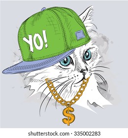 The poster with the image cat portrait in hip-hop hat. Vector illustration.