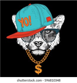 The poster with the image cheetah portrait in hip-hop hat. Vector illustration.