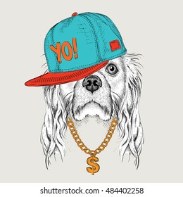 El afiche con la imagen del retrato de Cocker Spaniel en sombrero de hip-hop. Ilustración vectorial.