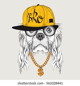 The poster with the image of Cocker Spaniel portrait in hip-hop hat. Vector illustration.