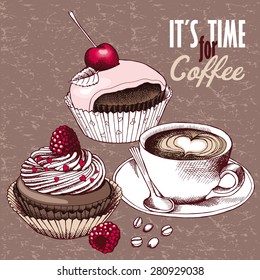 Poster with image a cup of coffee, cherry and strawberry chocolate cakes in pink-beige tones. Vector illustration.