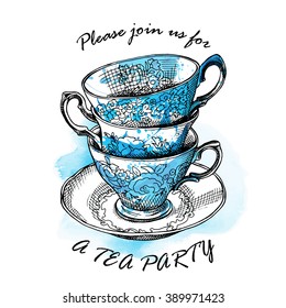 Poster with image of a cups in blue tones. Vector illustration.