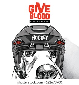 Poster with image Dog Basset Hound in a Ice Hockey helmet. Vector illustration.