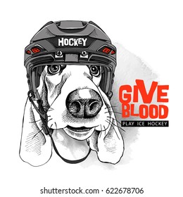 Poster with image Dog Basset Hound in a Ice Hockey helmet. Vector illustration.