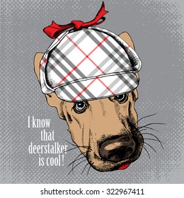 Poster with image of a dog German Shepherd in  checkered deerstalker hat. Vector illustration.