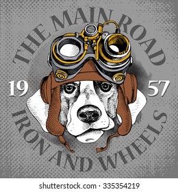 Poster with image of a dog portrait in Steampunk helmet. Vector illustration.