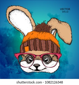 The poster with the image dog portrait in winter hat. Vector illustration.