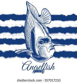 Poster with image of fish Emperor Angelfish on blue striped background. Vector illustration.