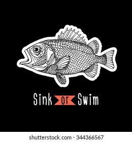 Poster with image of the fish on black background. Vector illustration.