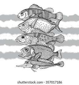 Poster with image of fishes on gray striped background. Vector illustration.