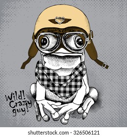 Poster with image of a frog wearing retro motorcyclist helmet and checkered neckerchief. Vector illustration.