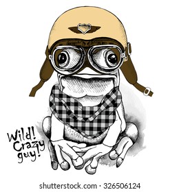 Poster with image of a frog wearing retro motorcyclist helmet and checkered neckerchief. Vector illustration.