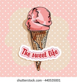 Poster with image of a Fruit Ice Cream cone. Vector illustration.