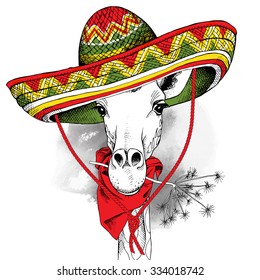 Poster with image of a giraffe in Mexico sombrero and cravat. Vector illustration.