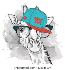 The poster with the image giraffe portrait in hip-hop hat. Vector illustration.