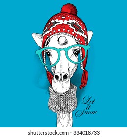 Poster with image of a giraffe in red hat with ear flaps and knit scarf on blue background. Vector illustration.
