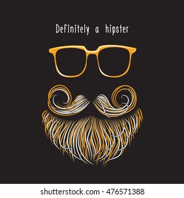 Poster with image of a hipster beards, mustaches and glasses on a black background. Vector illustration.