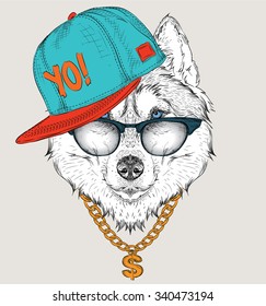 The poster with the image husky portrait in hip-hop hat. Vector illustration.