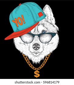 The poster with the image husky portrait in hip-hop hat. Vector illustration.