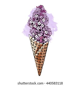 Poster with image of a Ice Cream cone and a lilac. Vector illustration.