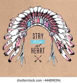 Poster with image of a Indian Feather Headdress. Vector illustration.