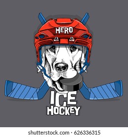 Poster with image Labrador dog in a red Ice Hockey helmet and with puck, blue sticks. Vector illustration.