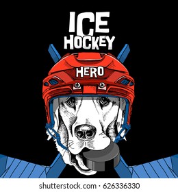 Poster with image Labrador dog in a red Ice Hockey helmet and with puck, blue sticks. Vector illustration.