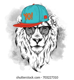 The poster with the image lion portrait in hip-hop hat. Vector illustration.