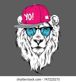 The poster with the image lion portrait in hip-hop hat. Vector illustration.