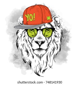 The poster with the image lion portrait in hip-hop hat. Vector illustration.