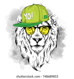 The poster with the image lion portrait in hip-hop hat. Vector illustration.