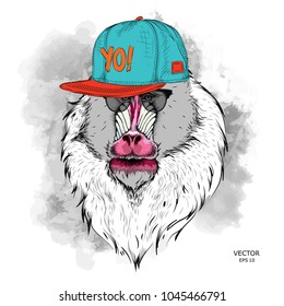 The poster with the image of Mandrill portrait in hip-hop hat. Vector illustration.