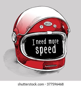 Poster with image of a modern racer helmet. Vector illustration.