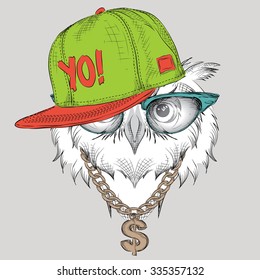 The poster with the image owl portrait in hip-hop hat. Vector illustration.