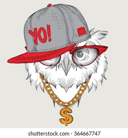 The poster with the image owl portrait in hip-hop hat. Vector illustration.