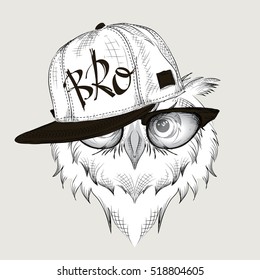 The poster with the image owl portrait in hip-hop hat. Vector illustration.