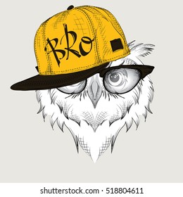 The poster with the image owl portrait in hip-hop hat. Vector illustration.