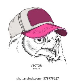 The poster with the image owl portrait in hip-hop hat. Vector illustration.