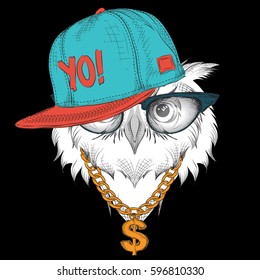 The poster with the image owl portrait in hip-hop hat. Vector illustration.