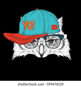 The poster with the image owl portrait in hip-hop hat. Vector illustration.