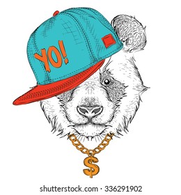 The poster with the image panda portrait in hip-hop hat. Vector illustration.