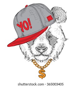 The poster with the image panda portrait in hip-hop hat. Vector illustration.