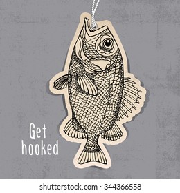 Poster with image of a paper fish on a cord. Vector illustration.