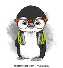 The poster with the image penguin portrait with headphones. Vector illustration.