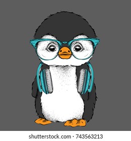 The poster with the image penguin portrait with headphones. Vector illustration.